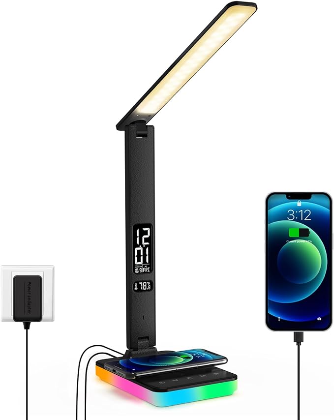 oviouit LED Desk Lamp for Home Office, USB Charging Port, Reading Lamp Desk Light with 5 Brightness, 3 Colors, Table Lamp with Clock, Alarm, Date, Temperature, Desk Lamp for College Dorm Room (Black)