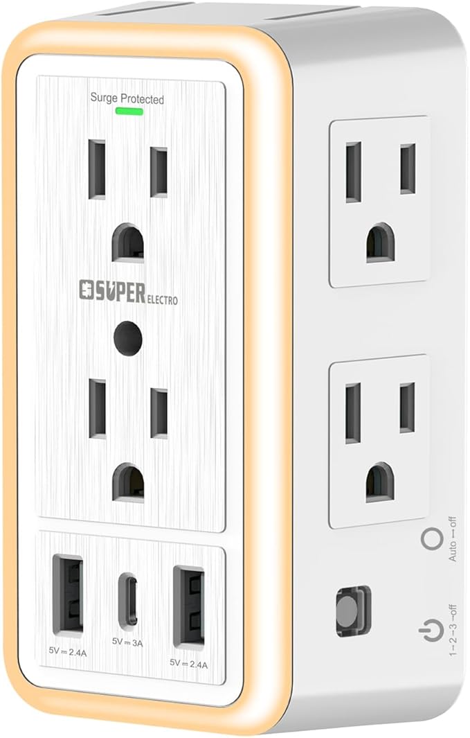 USB Wall Charger Surge Protector, Super Electro 6 Outlet Extender with 3 USB Charging Ports (5V 3.4A Total) and Night Light, 3-Sided 1500J Multi Plug wall Outlet for Home, Office, ETL Listed