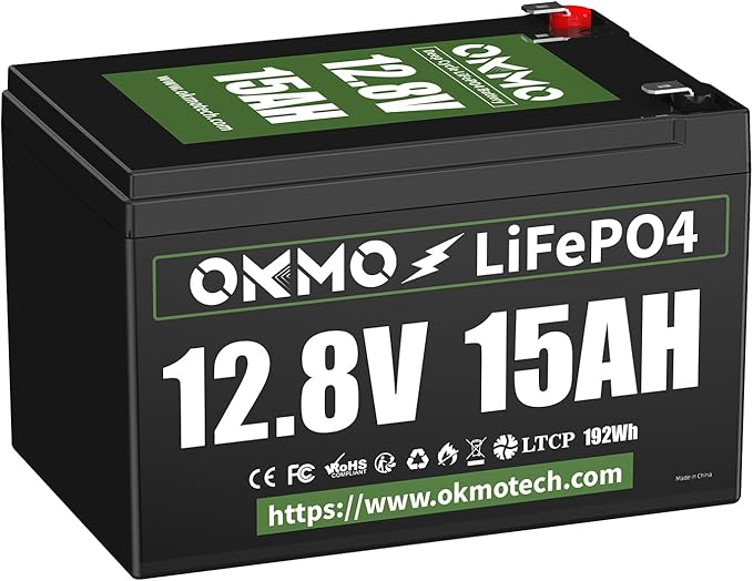 OKMO 12V 15Ah LiFePO4 Lithium Battery 12.8V, 15000+ Deep Cycles rechargeable for Lighting, Kayak Fish Finder, Radio, Backup Power and More