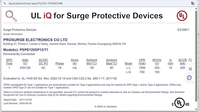 Whole House Surge Protection Device,Outdoor or Indoor,Single-Phase,3-Wire for 120/240V, 50KA(Surge Capacity per Phase),UL Listed