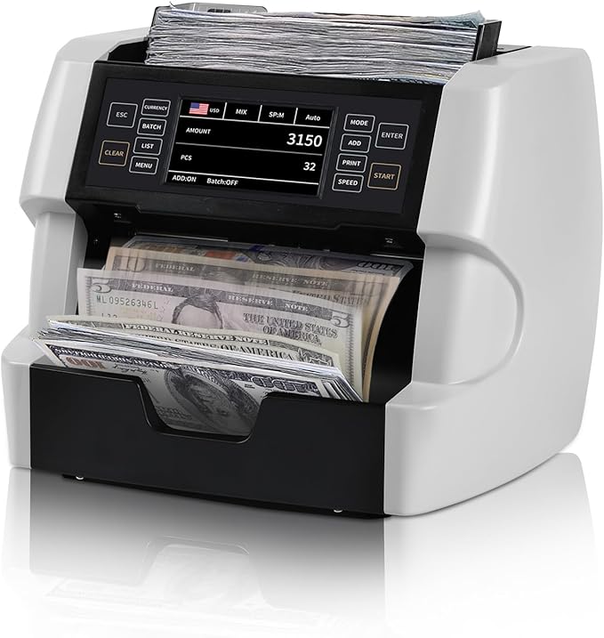 NUCOUN VC-3 Mixed Denomination Money Counter Machine, Value Counting, CIS/UV/IR/MG/MT Counterfeit Detection, USD/Euro/CAD/MXN, Printer Enable, Bill Counter for Business