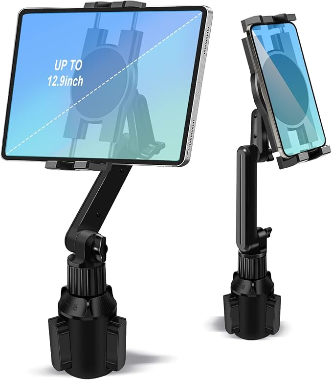 Cup Holder Car Tablet Mount, 360° Adjustable 2-Arm Stand Holder for iPad Pro 12.9/11/10.5/9.7/Air/Mini 6/5/4, Galaxy Tab/Z Fold 6/5, Fire HD, iPhone 16/15/14/Pro, 4.7-12.9" Tab & Phone