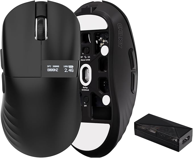 OOCTPK Chilkey Wireless Mouse, Glacier LW 8K M Gaming Mouse with OLED Screen, 8K Polling Rate, 30000 DPI Optical Tracking, 750 IPS, Bluetooth 5.2/2.4G/USB-C, 49g Super Lightweight, 100 Million Clicks