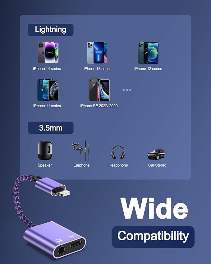 2-in-1 Lightning to 3.5mm Audio Adapter with Charging, Headphone Splitter