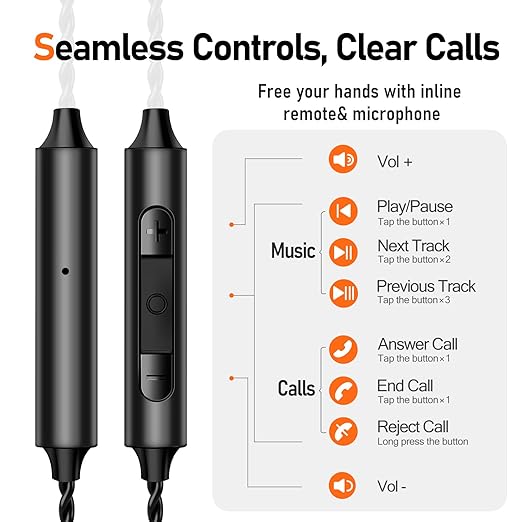 Premium HiFi IEM Cable with Mic – Silver-Plated 3.5mm to MMCX Cord - Lossless Sound for Shure SE215/315/425/535/846 & Vibes 201/202 - Tangle-Free in-Ear Monitor Cables - Black (HC001M)