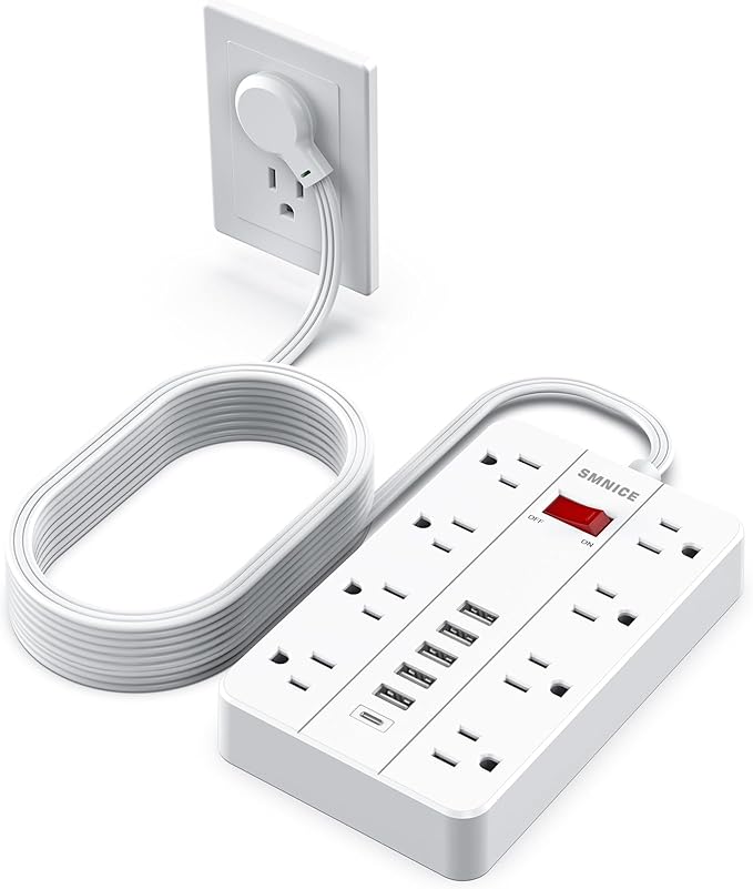 Power Strip with USB,SMNICE Power Strip Flat Plug with 8 Widely-Spaced Outlets & 6 USB(1USB C) Ports, Wall Mountable 5ft Extension Cord for Smartphone Tablet Laptop Computer Multiple Devices