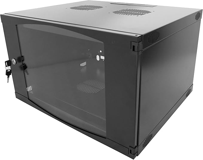 GlobalRack 9U Wall Mount Cabinet, Glass Door, Locking Casters, 2 Fans