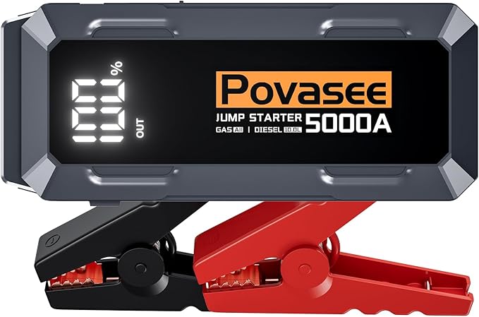 Povasee Jump Starter 5000A Car Jumper Starter, Model A30 12V Jump Box for Car Battery up to 10L Gas or 8L Diesel Engine Battery Jumper Starter Portable with Power Bank/Dual Output/LED Light