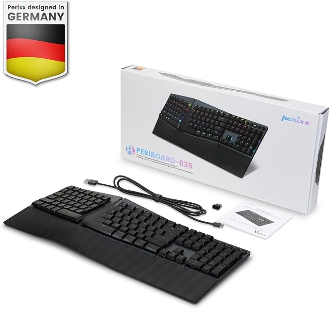 Perixx PERIBOARD-835BL Wireless Ergonomic Mechanical Keyboard - RGB Backlit - Low-Profile Blue Clicky Switches - Multi-Device Connection - Compatible with Windows and Mac OS X - US English