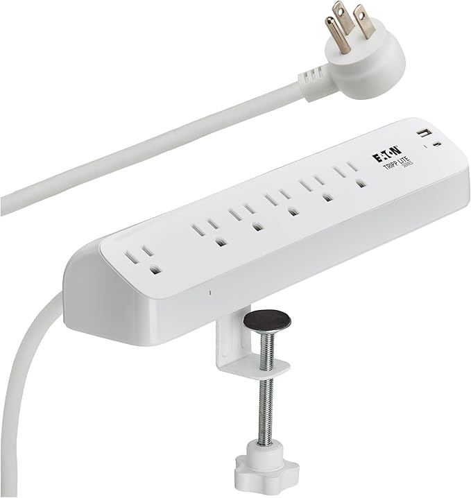 Eaton Tripp Lite series Desk Clamp Power Strip Surge Protector, 6-Outlets, 2x 30W USB-C Charging Ports, 900 Joules, 10ft Braided Flat Extension Cord, Lifetime Manufacturer's Warranty (TLP610U30CLAMPB)