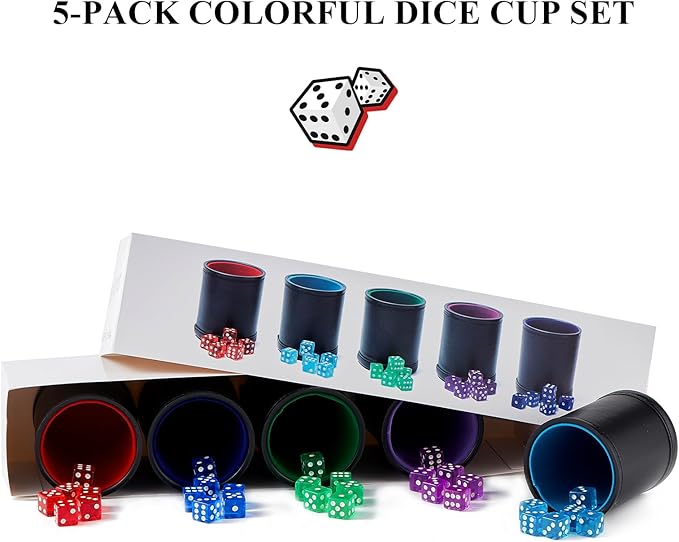 5 Pack Black Leather Dice Cups with Colorful Velvet Felt-Lined Interior and 30 Matching Colorful Transparent Dices