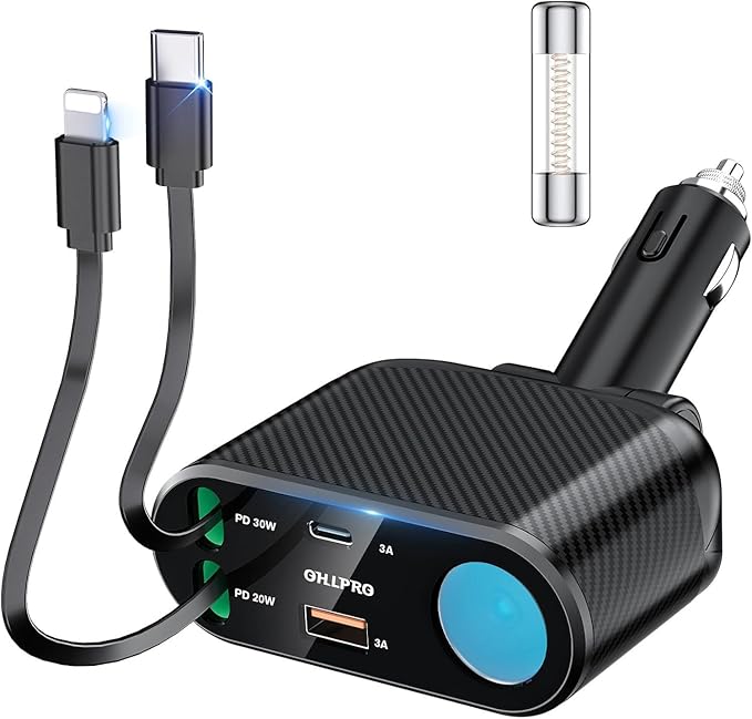 OHLPRO Retractable Car Charger Cigarette Lighter Adapter, 168W 5 in 1 Fast Phone Charging Built-in Replaceable Fuse, Socket Splitter with USB C and USB C Cord, Fit for Phone iPad Galaxy GPS, Grey