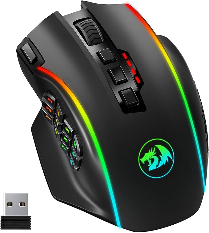 Redragon Wireless Gaming Mouse, MMO Gaming Mouse UP 16,000 DPI, 16 Macro Programmable Buttons, RGB Rechargeable Mouse with 12 Side Buttons, 70Hrs for PC Laptop MOBA FPS,M901P-WS