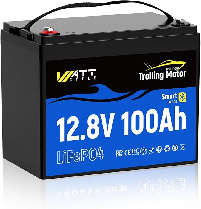 Wattcycle 12V 100Ah Lithium Battery, LiFePO4 Battery 12V 120A BMS, IP67 Marine Batteries for Trolling Motor, Built-in Bluetooth, Monitor, Mobile APP, Perfect for Boat, Marine, RV, Home Energy, Solar