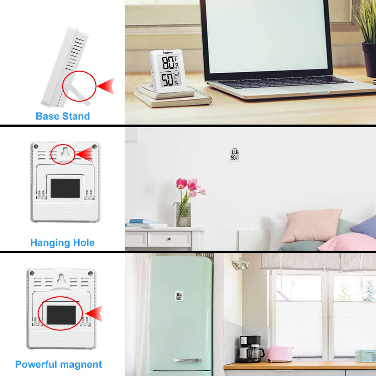 Indoor Thermometer 3Pcs with Battery Magnetic Stand Digital Humidity Gauge
