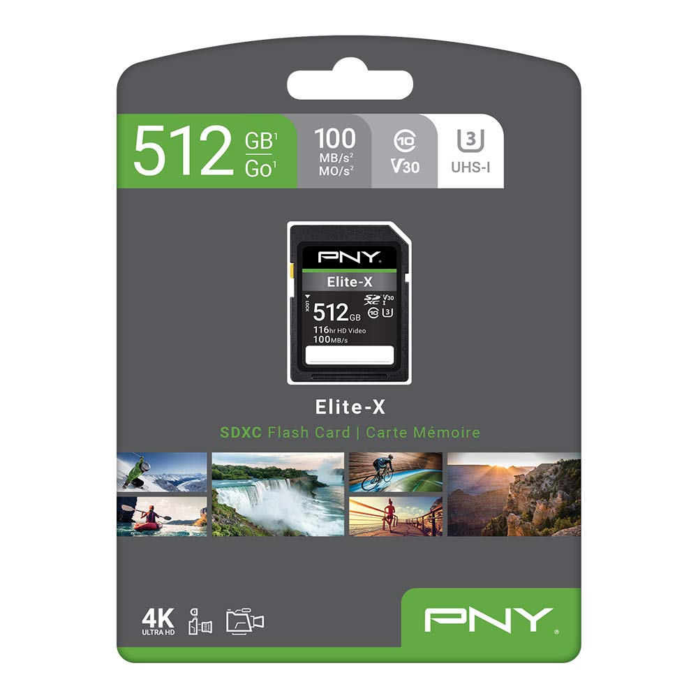 PNY 512GB Elite-X Class 10 U3 V30 SDXC Flash Memory Card - 100MB/s, Class 10, U3, V30, 4K UHD, Full HD, UHS-I, Full Size SD (Pack of 1)