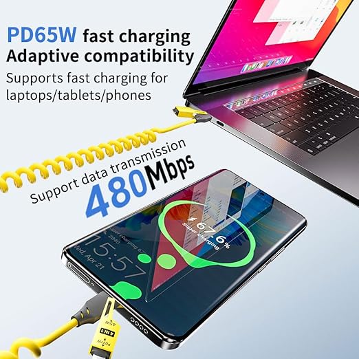 4 in 1 Spring Fast Charging Cable (2Pack), 65W USB-C PD Multi Fast Charging, 1.2m/4ft Coiled Retractable Cable for iPhone Samsung Laptop - Yellow+Green