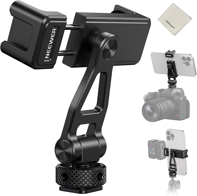 NEEWER Metal Phone Tripod Mount with Cold Shoe NATO Clamp Compatible with DJI RS5 RS4 RS3 Pro RS2 RSC2 Gimbal Stabilizer, 180° Tilt Phone Clip Holder Compatible with iPhone 15 Pro Camera Cage