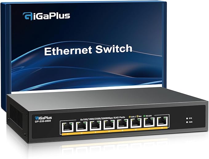 10 Port 2.5Gb Unmanaged Ethernet Switch with 8* 2.5G Base-T Ports, 2* 10G SFP+ Ports. GiGaPlus 2.5Gbps Network Switch for 2.5Gbps NAS/PC, WiFi6 Router, Wireless AP. Fanless Design, Plug and Play