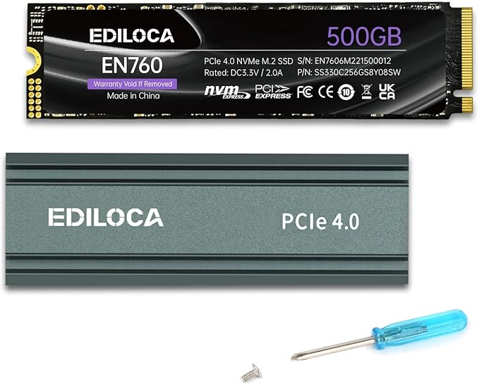 Ediloca 500GB M2 NVME SSD with Heatsink - PCIe Gen4.0 NVMe M.2 2280 3D NAND TLC, 4800MB/s Read, Internal Solid State Drive for PS5/PC, Dynamic SLC Cache, PS5 Storage Expansion, 5-Year Warranty(EN760)