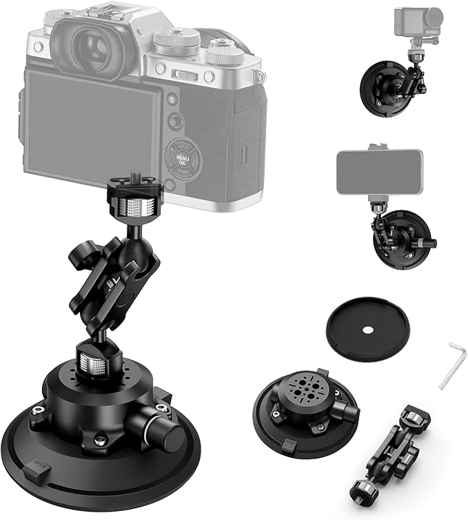CAMEDAFLX 6" Camera Suction Cup Mount with Ball Head Magic Arm,Quick Release Metal Vacuum Suction Cup Mount Car Windshield Dash Mount for Action Camera/Phone Holders with 1/4",1/8" Holes(Black)