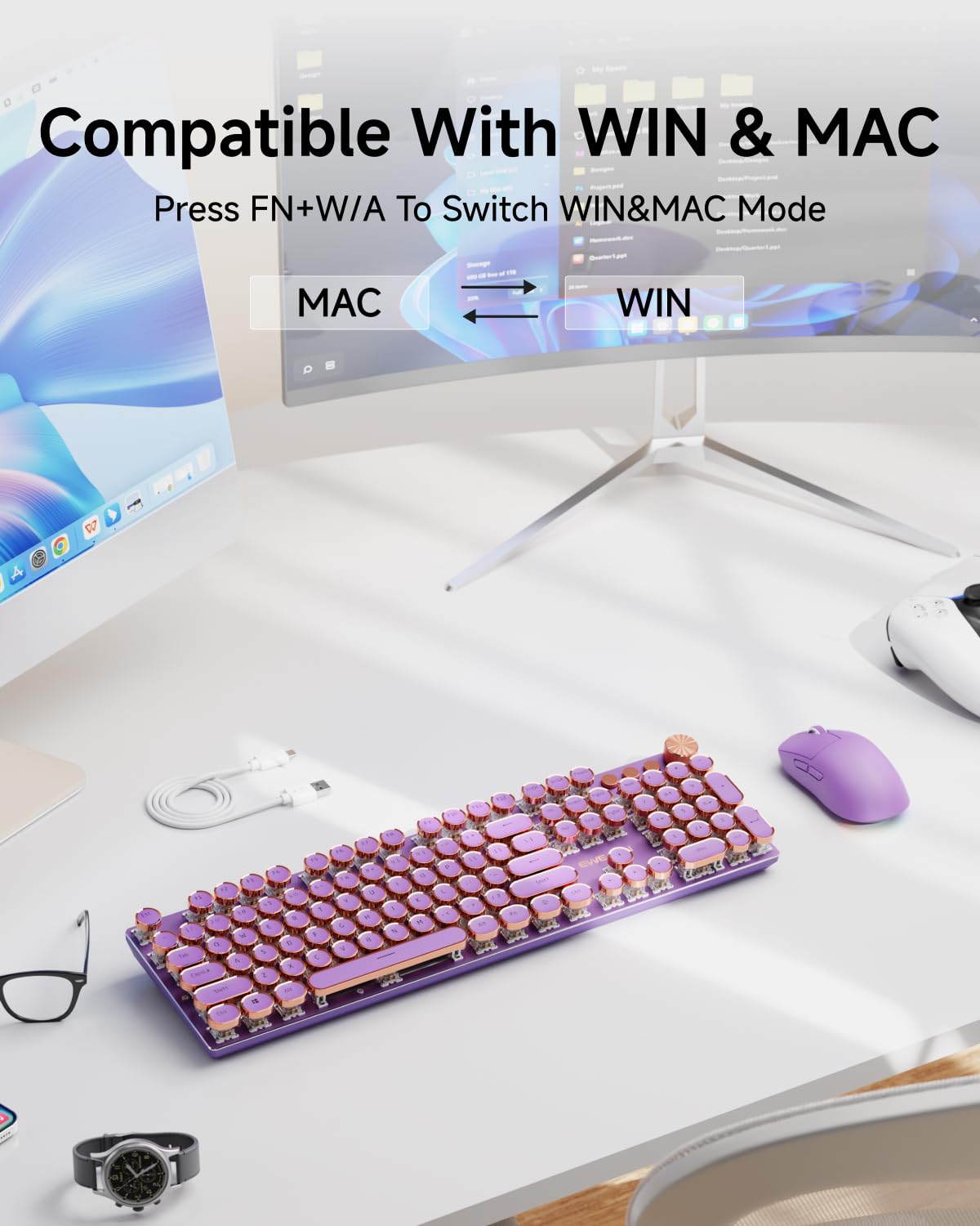 EWEADN Wired Typewriter Mechanical Keyboard, Low Noise Pink Switch Retro Punk Keyboard with Media Knob, White Backlit, Metal Panel, 104-Key Round Keycaps Cute Keyboard for Windows PC -Purple