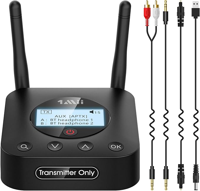 1Mii B06TX Bluetooth 5.3 Transmitter for TV to Wireless Headphone/Speaker, Bluetooth Adapter for TV w/Volume Control, AUX/RCA/Optical/Coaxial Audio Inputs, Plug n Play, aptX Low Latency & HD
