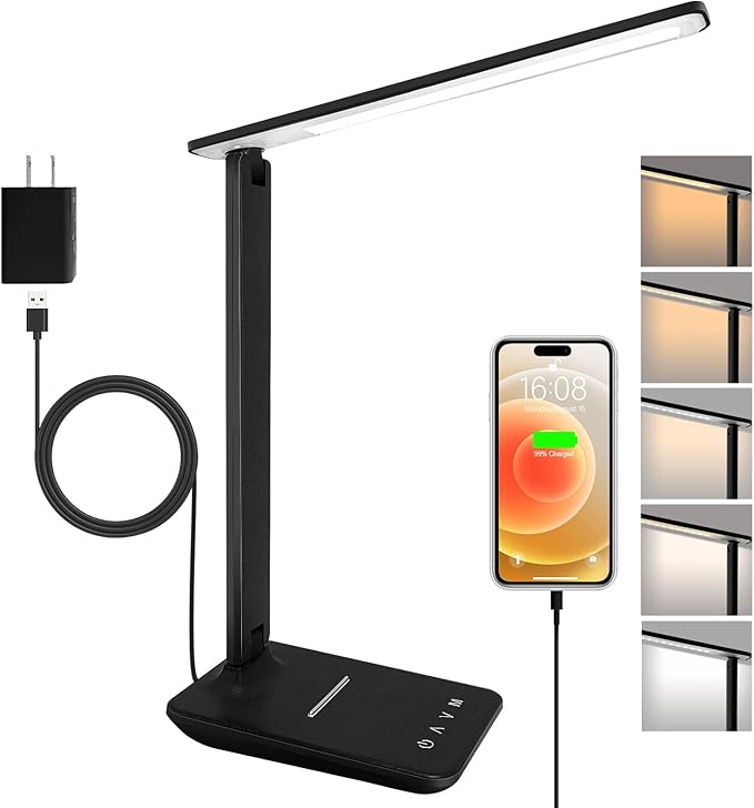 shinelife LED Desk Lamp for Office Home, Bright Desk Light with USB Charging Port, Adjustable Dimmable Desk Lamps 5 Modes 5 Brightness, Touch Study Lamp for Nail, Craft, Puzzle, Sewing, Study