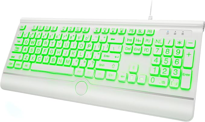 KOPJIPPOM USB Wired Keyboard with Large Print Backlit Keys, 7 Color LED Backlight, Ergonomic Wrist Rest, Spill-Resistant Design, Full-Size Computer Keyboard with Number Pad for PC Desktop Laptop