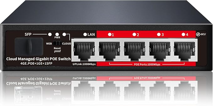 STEAMEMO 5 Port PoE+ Switch | Easy Smart Managed Ethernet Switch | Support VLAN, QoS | 52W Total PoE Budget | Fanless Metal | Plug & Play (Desktop/Wall Mount)