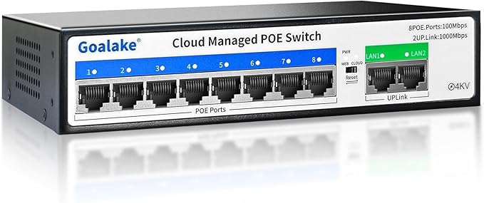 Goalake 8 Ports Gigabit PoE Switch with 2 Gigabit Uplinks, Cloud Managed for Small Business & Home Security,120W for IP Cameras/WiFi APs, Easy Manage via App/Web, VLAN/QoS, Fanless Metal,Plug-and-Play
