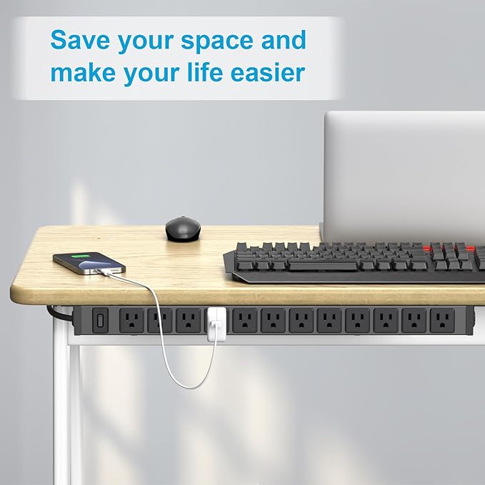 HHSOET 360° Rotating 12 Outlet Mountable Power Strip, Metal Gaming Table Mounted Outlet Strip, Heavy Duty Wall Mount Surge Protector with Switch, Works Great and Very Versatile, 15ft Power Cord.Black