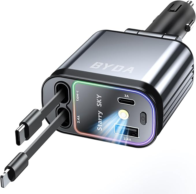 4 in 1 Retractable Car Charger with Starry Light,69W USB-C Fast Car Charger, for iPhone 17/16/15/14/13/12/11, Android,Pixel,Cigarette Lighter Charger (for Lightning+Type C &RGB)