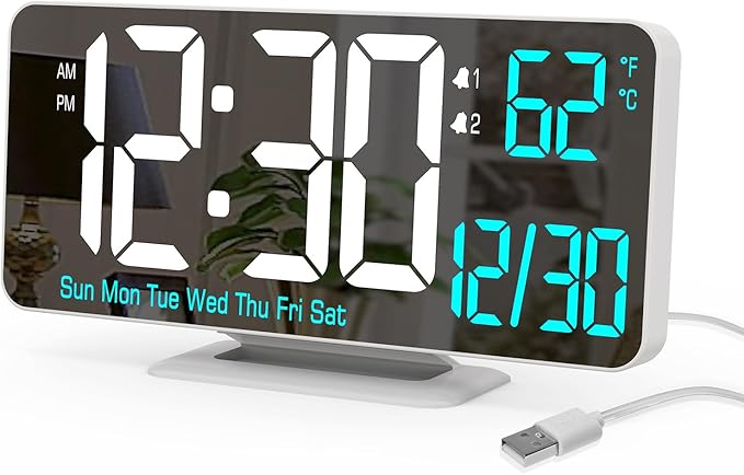 KOSUMOSU Dual Alarm Clock 6.7in Gold Desk Clock with Dimming, 12/24h, Seconds, Date, Day of Week, Temp, Digital LED Clock for Bedroom, Digital Calendar Clocks for Living Room Gold Desk Accessories