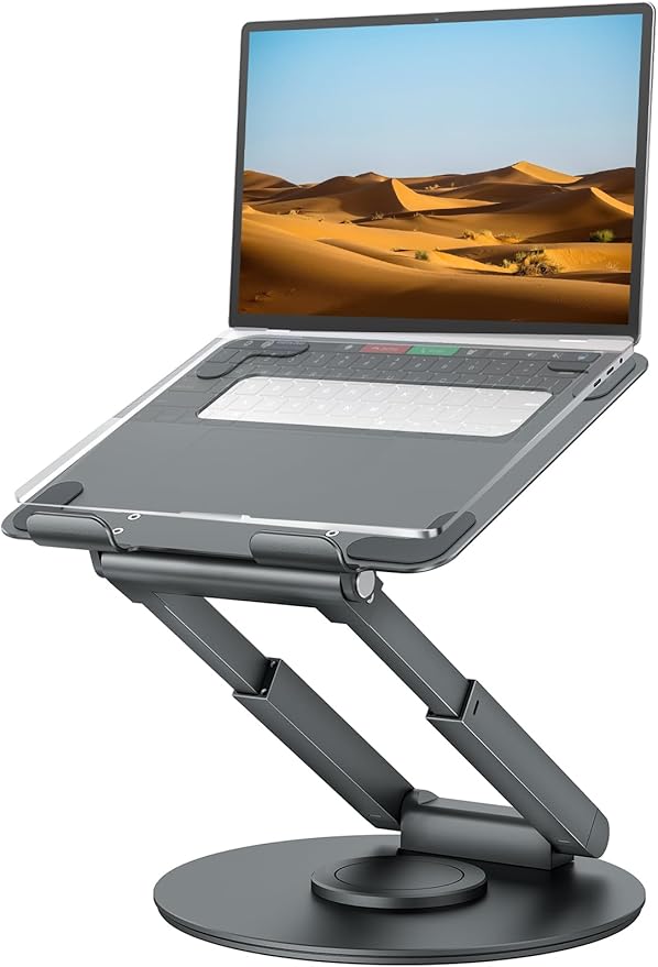 tounee Telescopic Laptop Stand for Desk with 360° Swivel Base, Sit to Stand, Height Adjustable, Portable Riser Holder for Good Posture, Compatible with All Laptops 10-17"-Silver