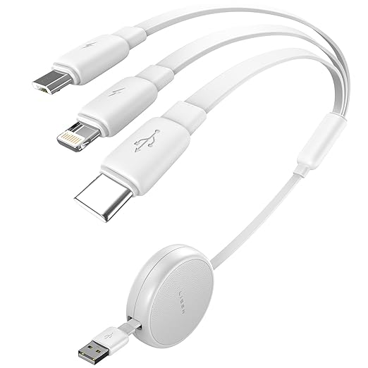LISEN Multi Charging Cable 3 in 1 iPhone 16 Charger Cord, Retractable Car Charger Type C Cable, Retractable iPhone Charger Cord with Type C/L/Micro USB for iPhone/Samsung/PS/Kindle,Blue