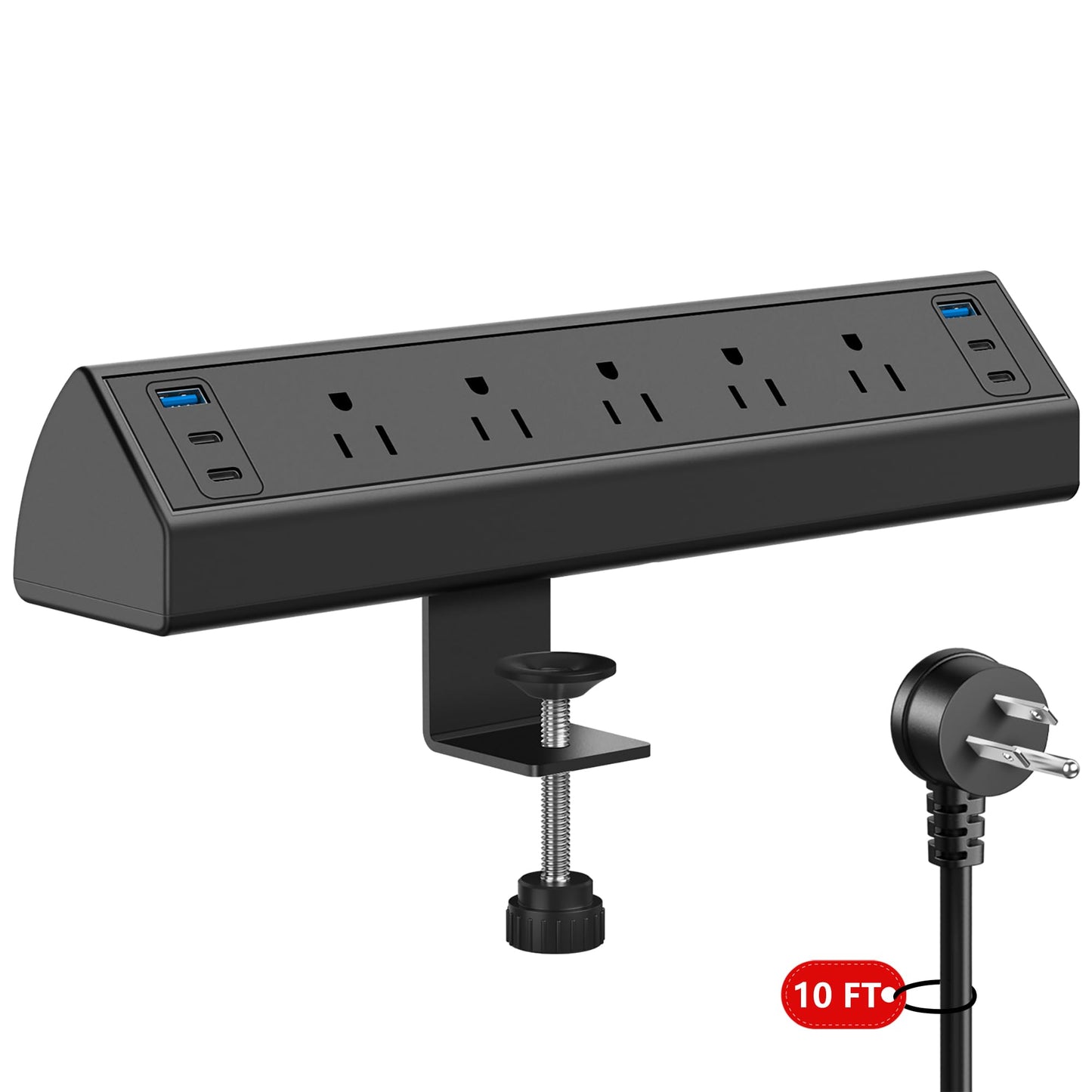 Desk Clamp Power Strip USB C,Under Desk Mount Power Station,20W Fast Charging,Fits 1.9'' Tabletop Edge,Desk Surge Protector,Perfect Home,Office Supplies (Black, 5 Outlets & 6 USB Ports & 10 FT Cable)