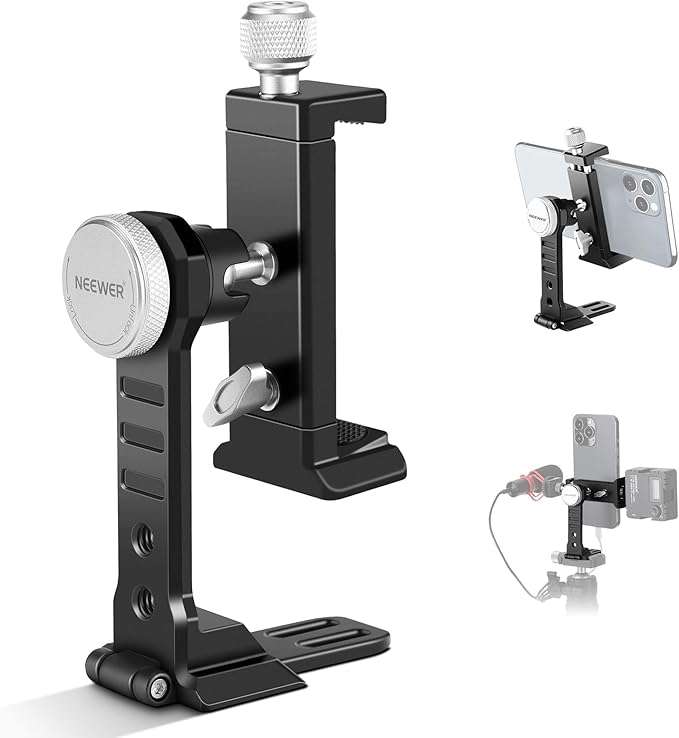 NEEWER Metal Phone Tripod Mount Adapter with Arca QR Base, 360° Rotatable Dual Cell Phone Clip Clamp Holder with 4 Cold Shoes Compatible with iPhone Samsung for Vlog Live Stream Video Recording