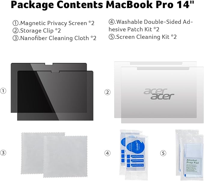 Acer [2 Pack Laptop Privacy Screen for MacBook Pro 14 Inch (2021-2024 M1, M2, M3, M4), Eye Protection Anti Spy/Glare Blue Light Computer Monitor Privacy Filter, Dual-sided Magnetic & Removable