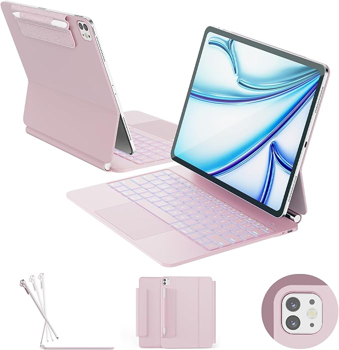 RAYMCRAFT for iPad Air 13-inch Case with Keyboard (M4/M3/M2, 2026/2025/2024) & iPad Pro 12.9 (6th/5th/4th/3rd) Magic Keyboard, 11-Color Backlight, Multi-Touch Trackpad with Safe Pencil Buckle