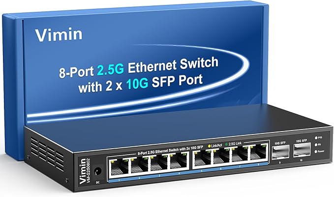 6 Port 2.5G Unmanaged Network Switch, VIMIN 4X 2.5Gbase-T Ports, 2X 10G SFP+ Port, 60Gbps Switching Capacity, IEEE802.3, Metal Housing, Fanless, Work for 2.5Gbps NAS, Wireless AP & PC
