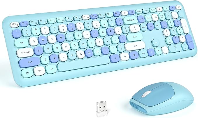 KNOWSQT Wireless Keyboard and Mouse Combo, Pale Blue Full-Sized 2.4G Silent Keycap Colorful Keyboards, USB Dongle Plug Play, Laptop, Windows, PC, Mac, Desktop