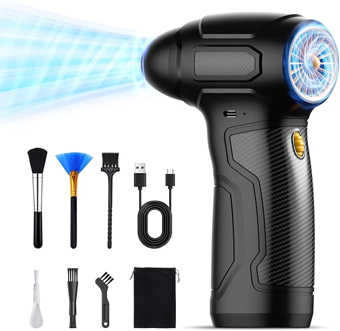 Tomzio Electric Air Duster, 200,000 RPM 8000mAh Rechargeable Compressed Air Alternative with 6 Brushes, Handheld Blower for Car Bike, Workshop, Grill, 3D Printing