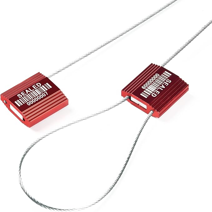 LeadSeals 100 Red Steel Cable Seals With Barcode - High Security Numbered Truck Anti-Tamper Pull Tite Tags - Metal Container Shipping Self-Locking Safety Ties ISO 17712