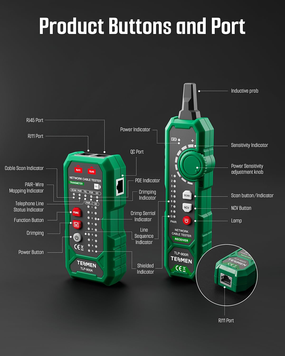 TESMEN TLP-900AR Network Cable Tester, RJ11 RJ45, for CAT5/6/POE/STP, Multi-function Cable Tracer with Pairing, Continuity, QC&NCV, Suitable for Ethernet, Telephone, Wire maintenance and sorting-Green