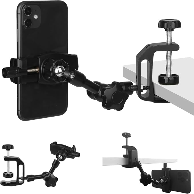Mippko iPhone Mount for Desk/Table/Rod/Kitchen Cabinet,360°Adjustable Aluminum Alloy Phone Stand,Clip Holder Compatible with 3.5~7.5" iPhone/Nexus/HTC/Huawei/Smartphone