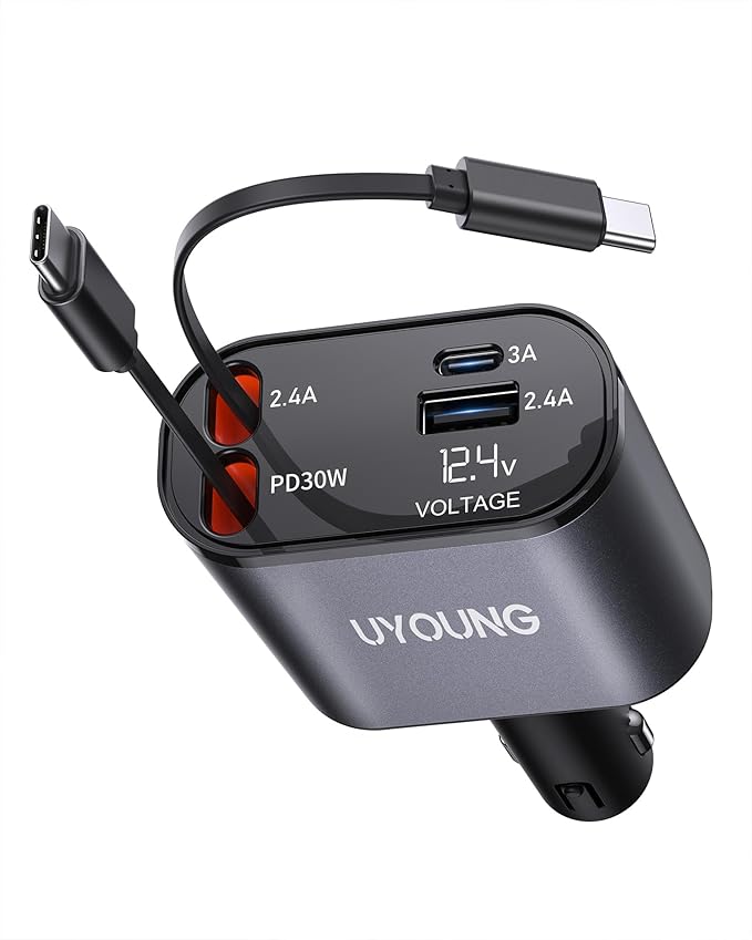 iPhone Car Charger, Retractable Fast Car Phone Charger 100w for CarPlay, 4 in 1 Car Charger Adapter with 2 Cables 31.5 Inch and 2 USB Ports, Compatible with iPhone 17/16/15/14/13/12/11 Pro/Samsung