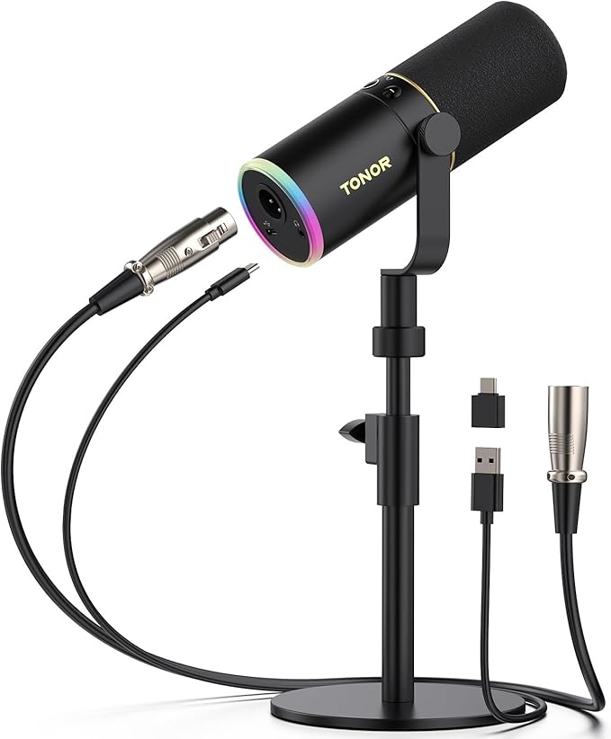 TONOR Dynamic Podcast Microphone, XLR/USB Mic for Recording, Streaming, XLR Cardioid Studio Mic with Quick Mute, Volume Control, 200 cm/78inch Cable, with RGB and Low Profile Boom Arm, Black, TD520S+