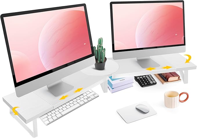Across-Star Dual-Monitor Stand for Desk - Large Adjustable Length and Angle Riser for 2 Monitors, Double Computer Desktop Organizer, Shelf for TV, Laptop, Printer
