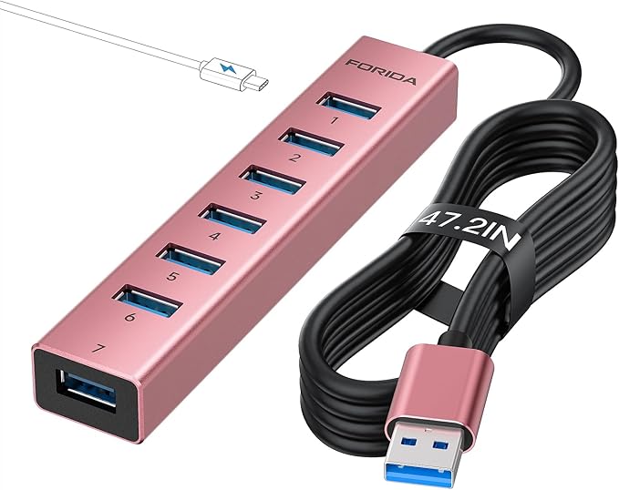 FORIDA USB C Hub-8 Port USB HUB with 7 USB3.0 Data Ports,Aluminum Alloy USBC Splitter with Type C 5V/3A Power Port Compatible with MacBook,iPad,Surface Pro,Laptop,PC (Rose Gold
